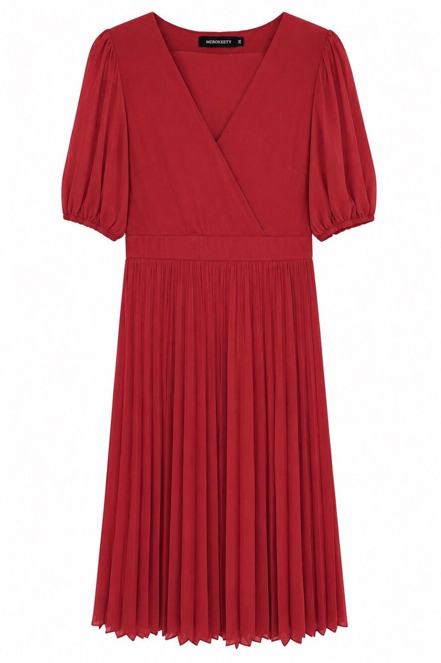 Merokeety Salmon Short Puff Sleeve Pleated Bottom Dress Size Medium NWT